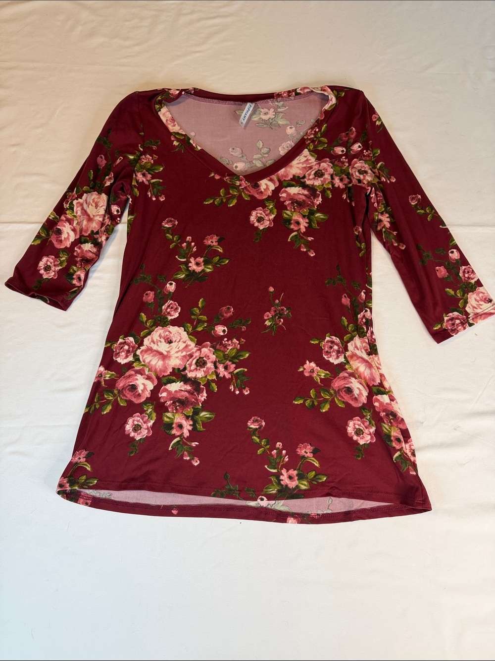Piphany Burgundy Floral V-Neck Long Sleeve Tee